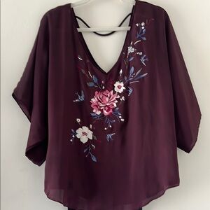 Floral Embroidered V-Neck Top - Burgundy